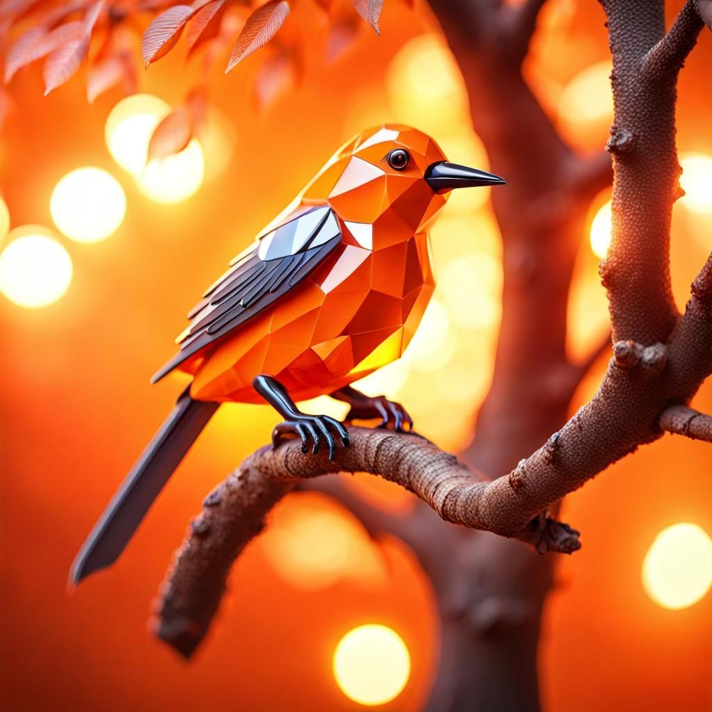 Crystal Orange Bird on Tree with 8K Lighting