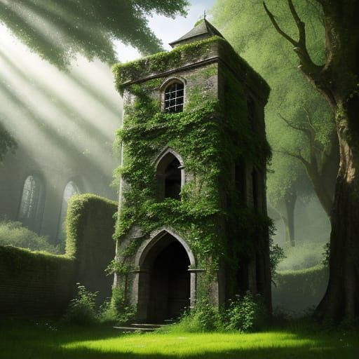 Sunlit Stone Tower Overgrown with Ivy and Fairies