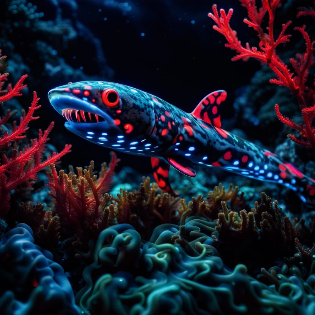 Bioluminescent Camouflage Eel Shark in Kelp Forest