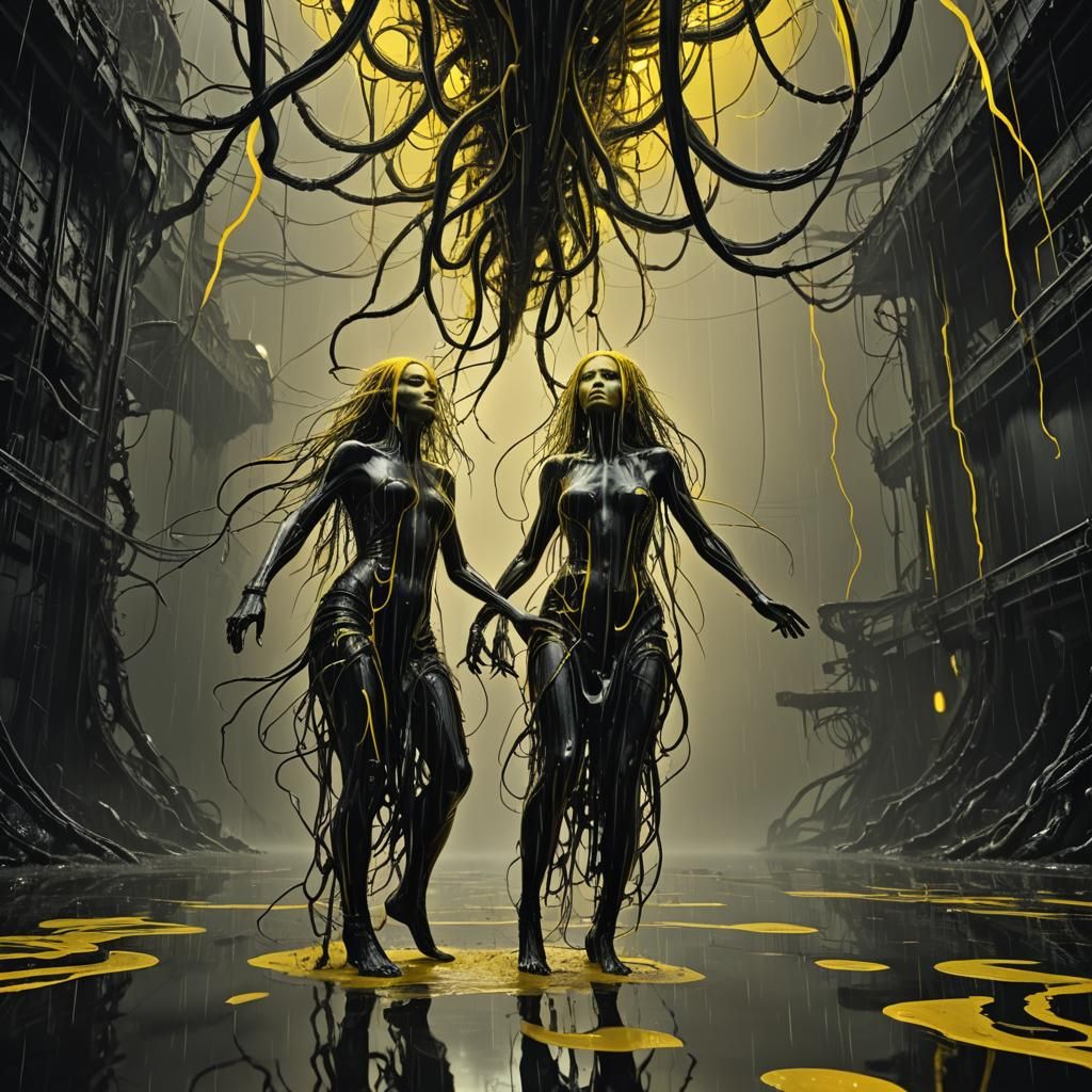 Surrealist Dance in Black and Yellow Rain