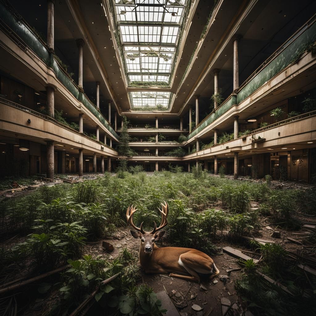 Abandoned Mall Interior with Deer, Hyperdetailed