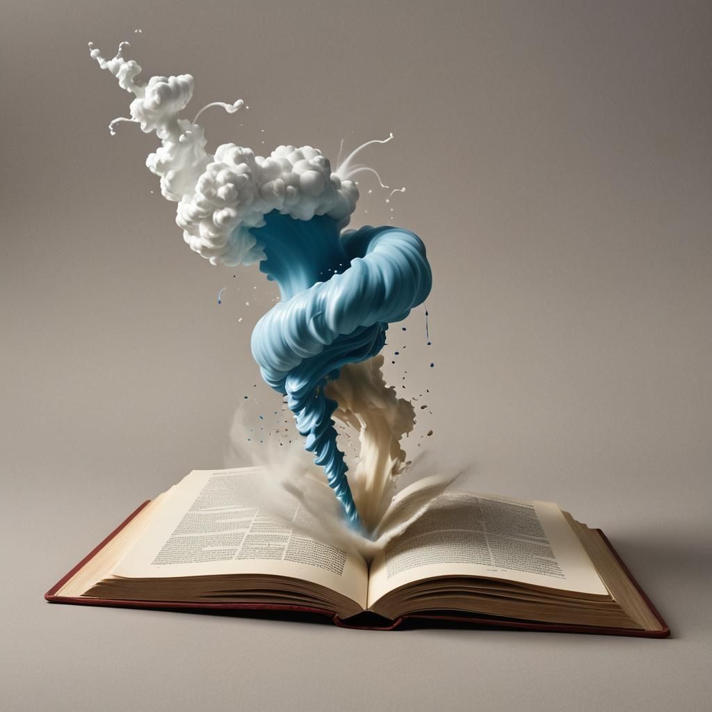 An open book with a western plains twister spouting from the...
