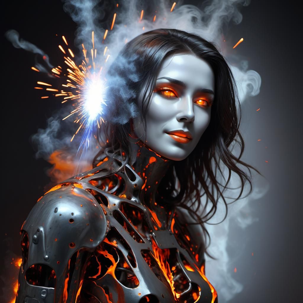 Android Woman Presents Molten Metal Art Portrait