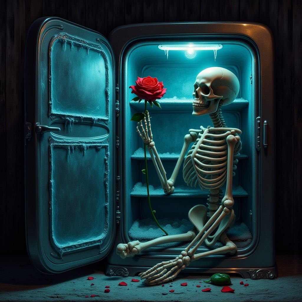 Skeleton Hand Emerges From Vintage Fridge With Rose