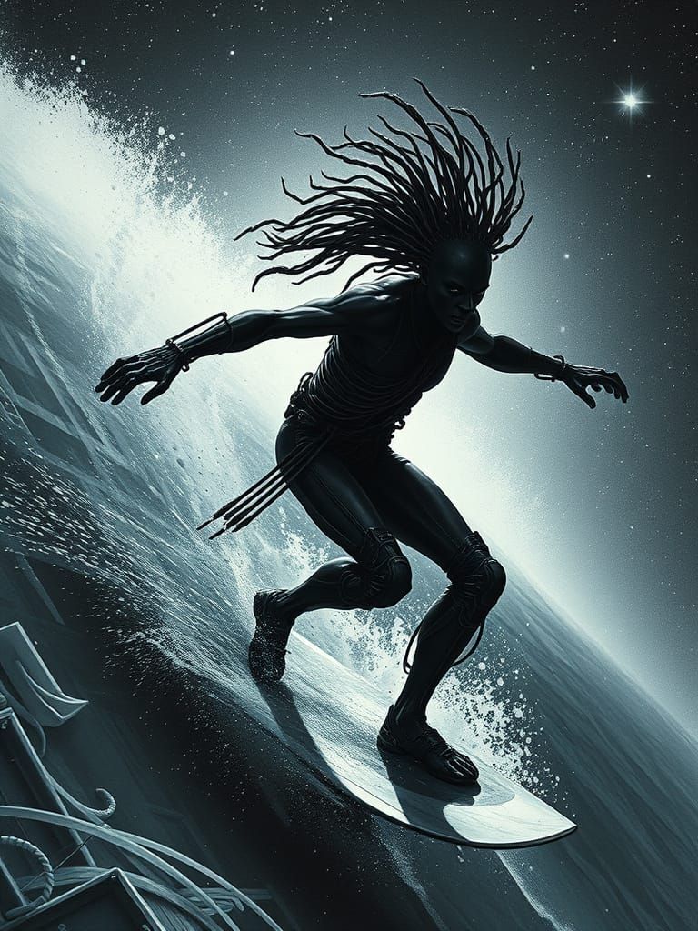Nubian Warrior Surfing Among Stars, in Solarpunk Style