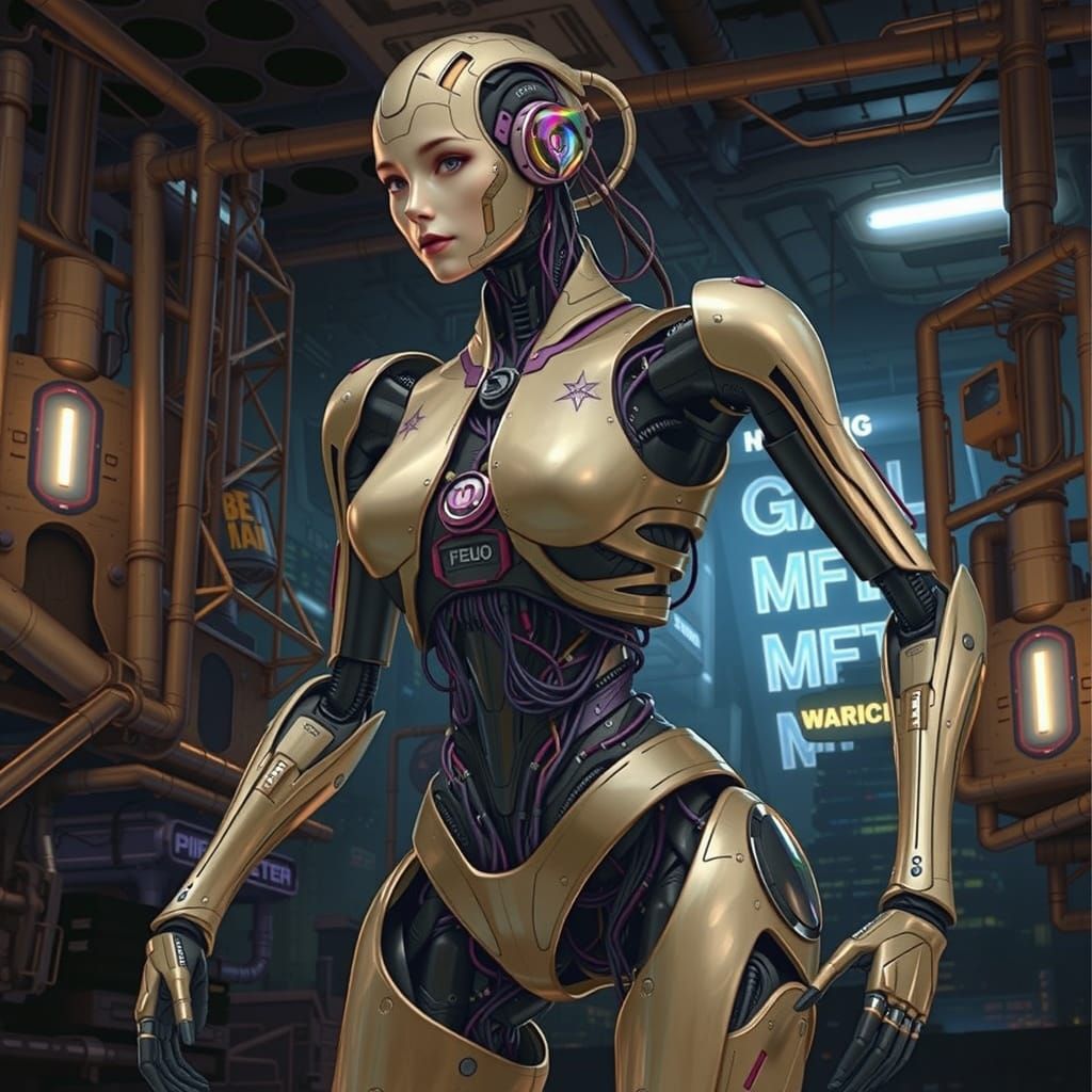 Futuristic Robot Goddess in Neon Dystopian Cityscape