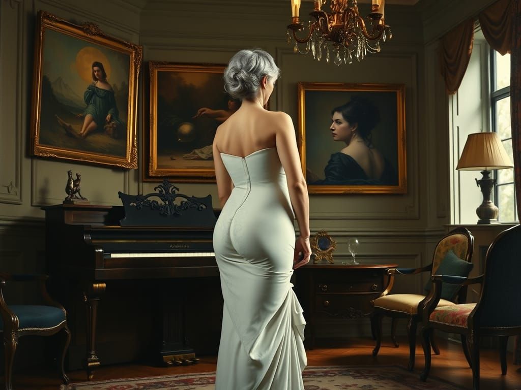 Marble Statue Woman Plays Piano in Victorian Room