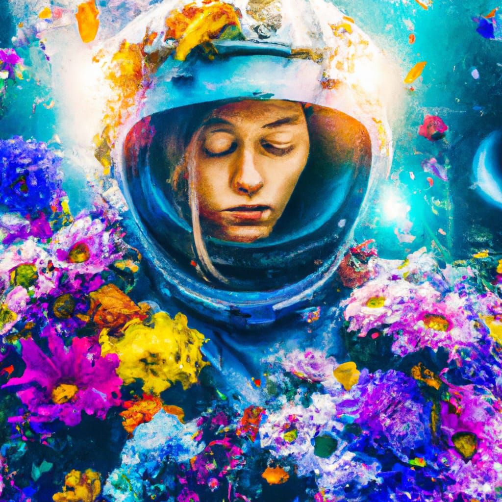 Astronaut Girl in Galaxy of Flowers: Hyperrealistic Portrait