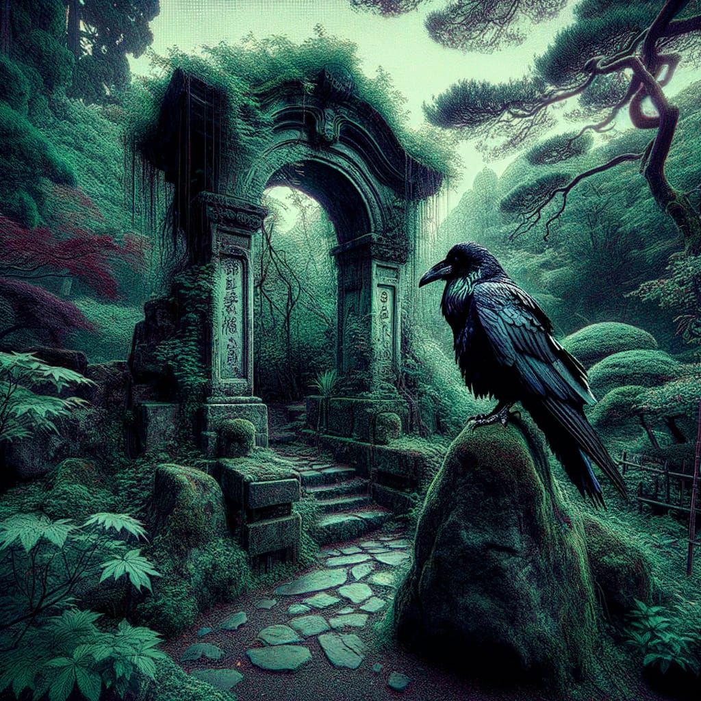 Raven on Archway in Abandoned Japanese Garden