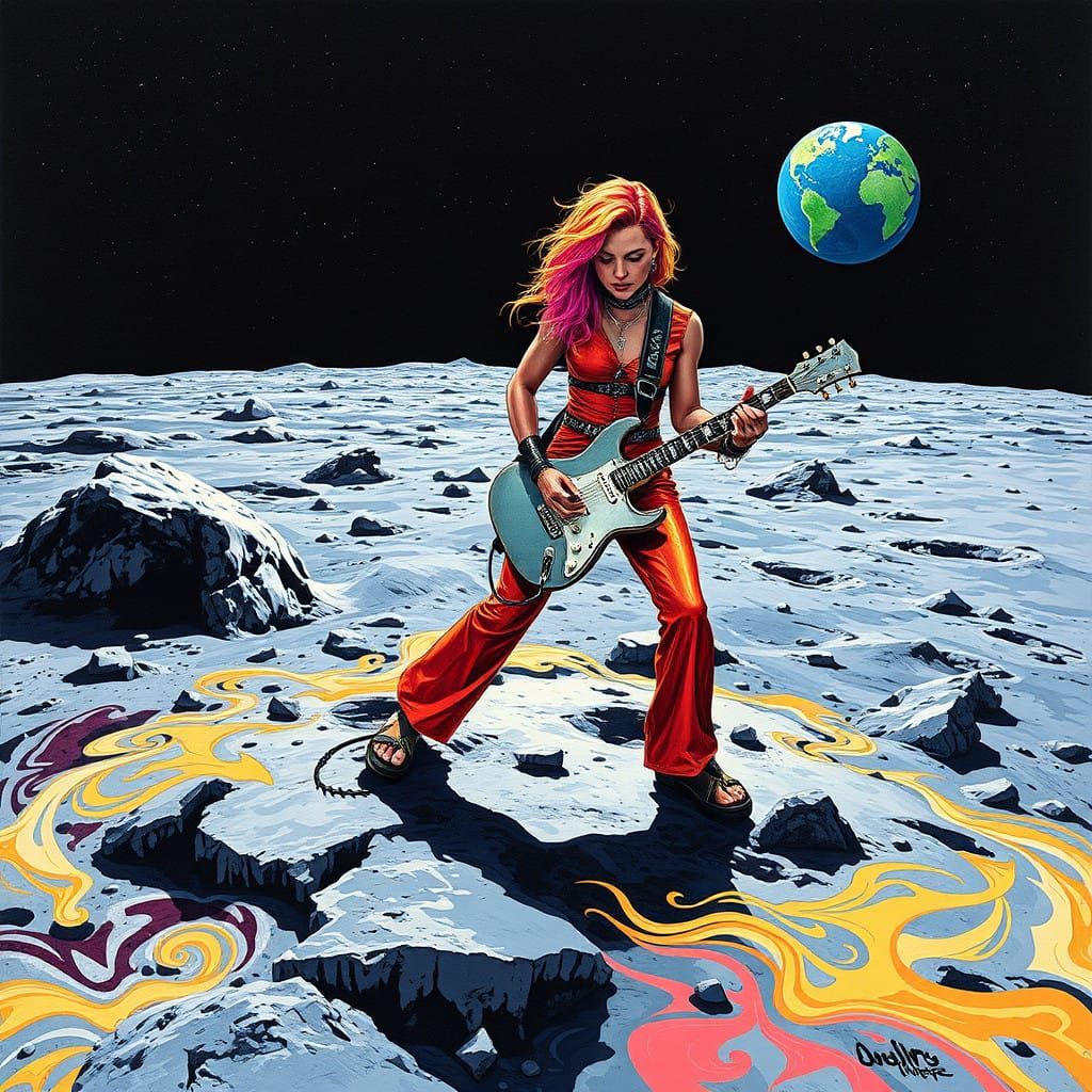 Rockstar Performs on Moon's Cratered Surface in Vibrant, Gra...