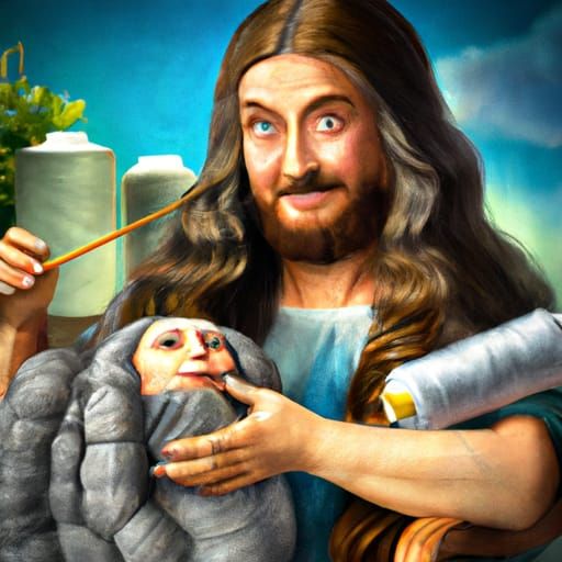 best knitting mom ever Jesus Christ, oil painting,  digital art,  hyperdetailed,  hyperrealism,  photorealism