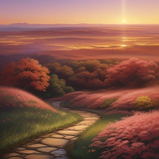Luminous Light Paths Converge in Rose-Red Sunset Landscape