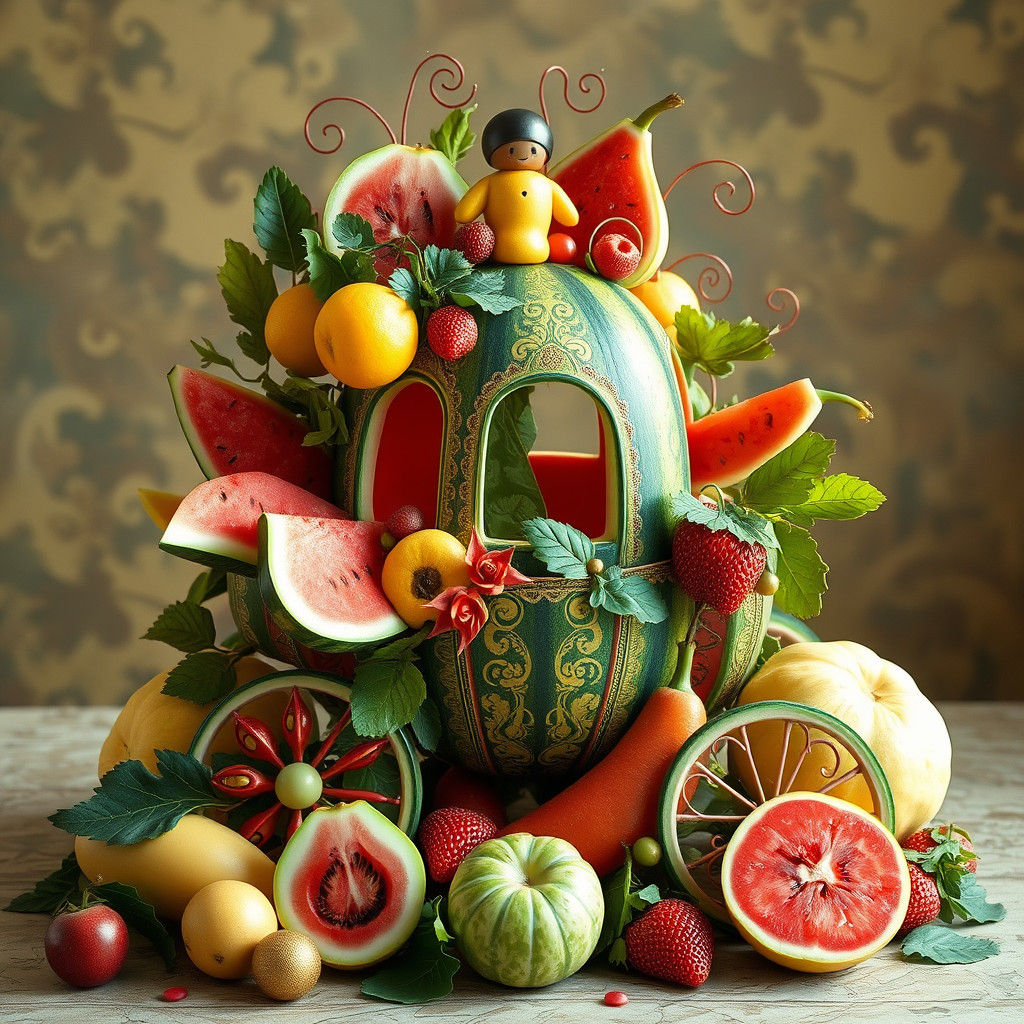 Whimsical Fruit Carriage in Art Nouveau Style