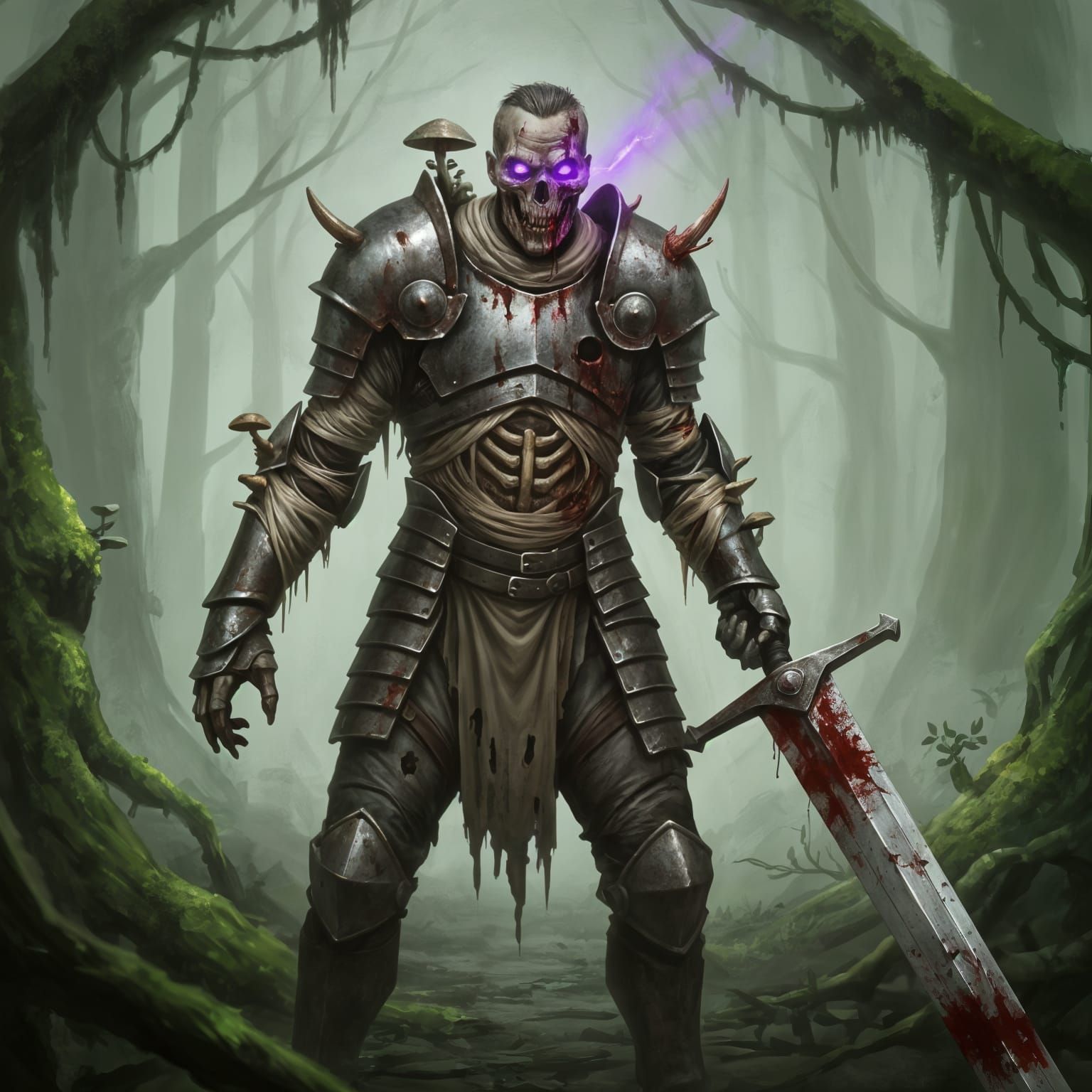 Zombie Knight in Muddy Forest Holding Bloody Greatsword