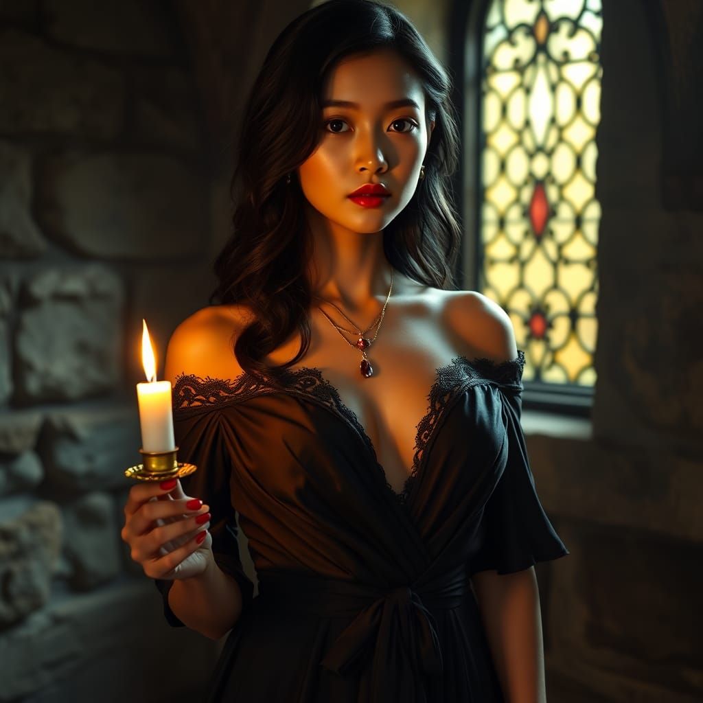 Vietnamese Woman in Gothic Setting with Candle