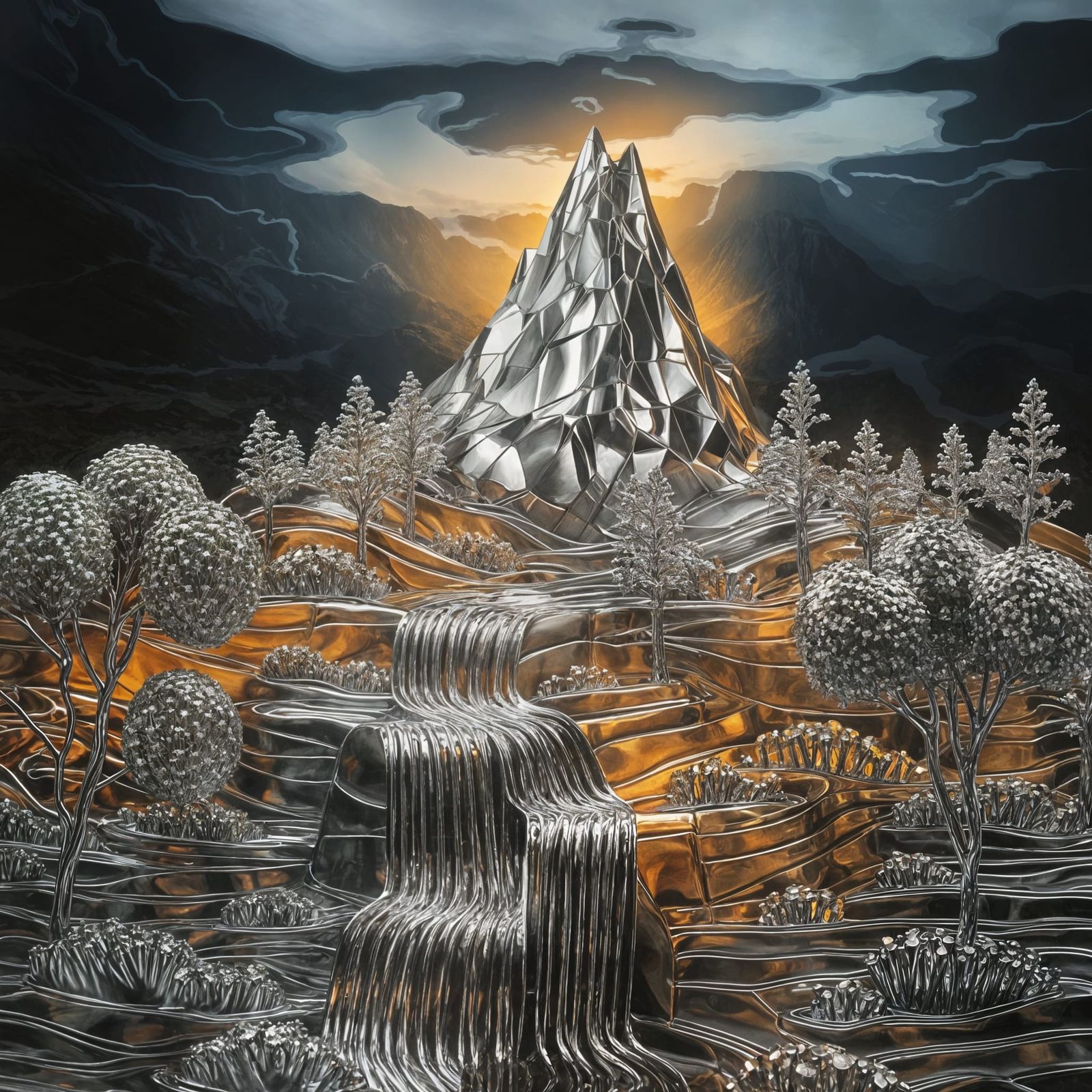 Elegant Sunset Metal Artwork with Chrome Waterfall and Flowe...