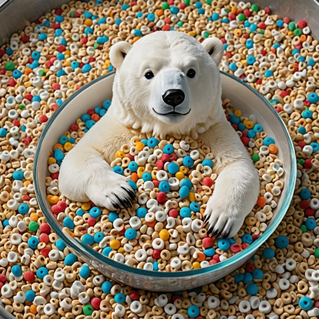 Humorous Polar Bear in Giant Cereal Bowl