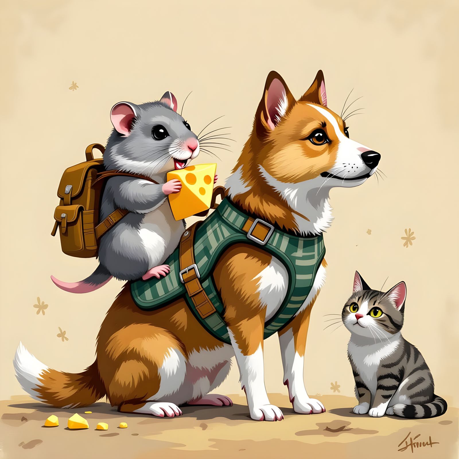 Hamster with Dog Guards Cheese from Cat