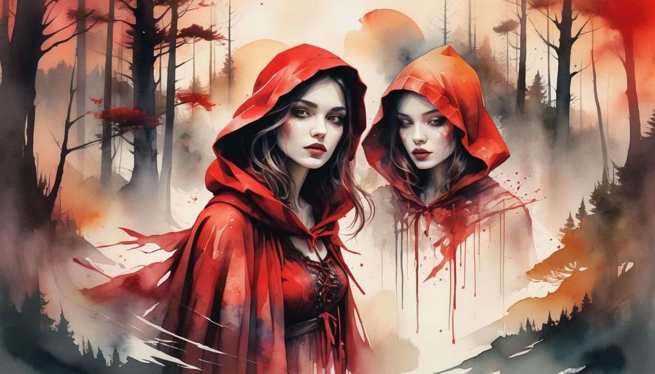 Spiriling Double exposure red riding hood Digital watercolor Illustration of a summerscape sunset