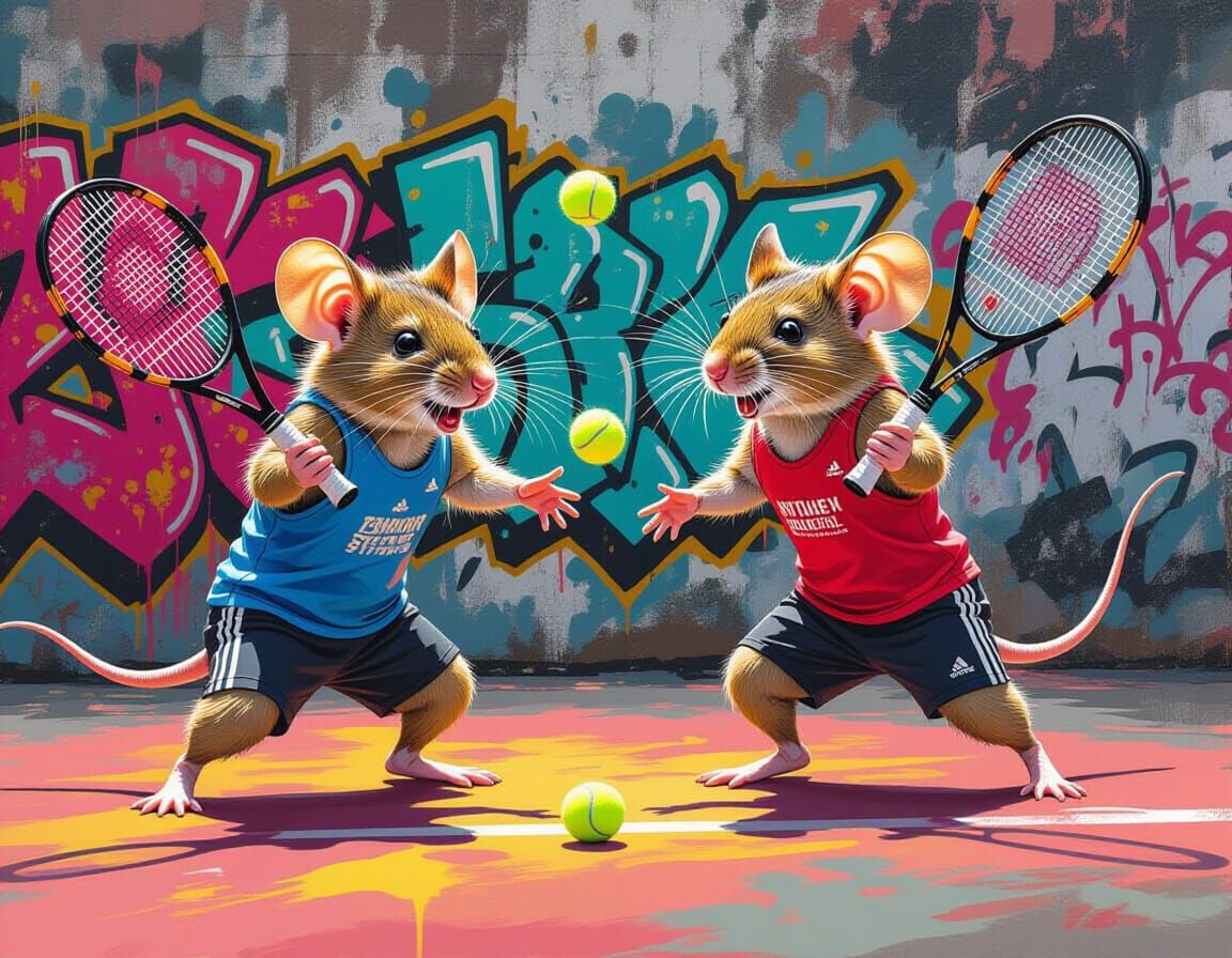 Mice Play Tennis in Polychromatic Graffiti Art