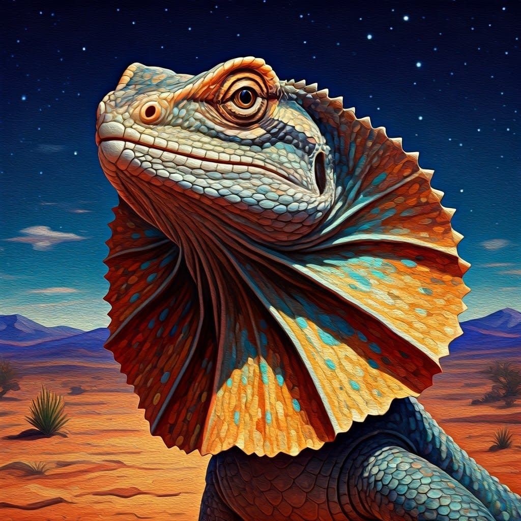 Frilled-Neck Lizard Portrait in Vivid Impasto Style