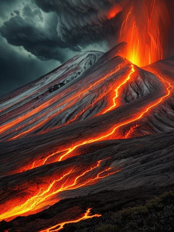 Volcano Eruption Over Village in Vivid Digital Art