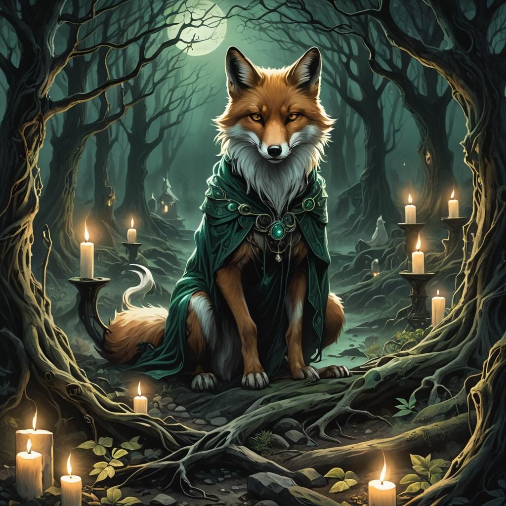 Spectral Fox Guides Traveler in Dark Fantasy Illustration