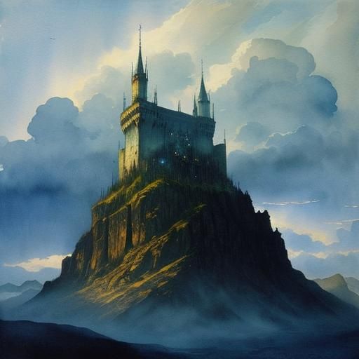 Watercolor Tower on Mountain with Cumulus Clouds