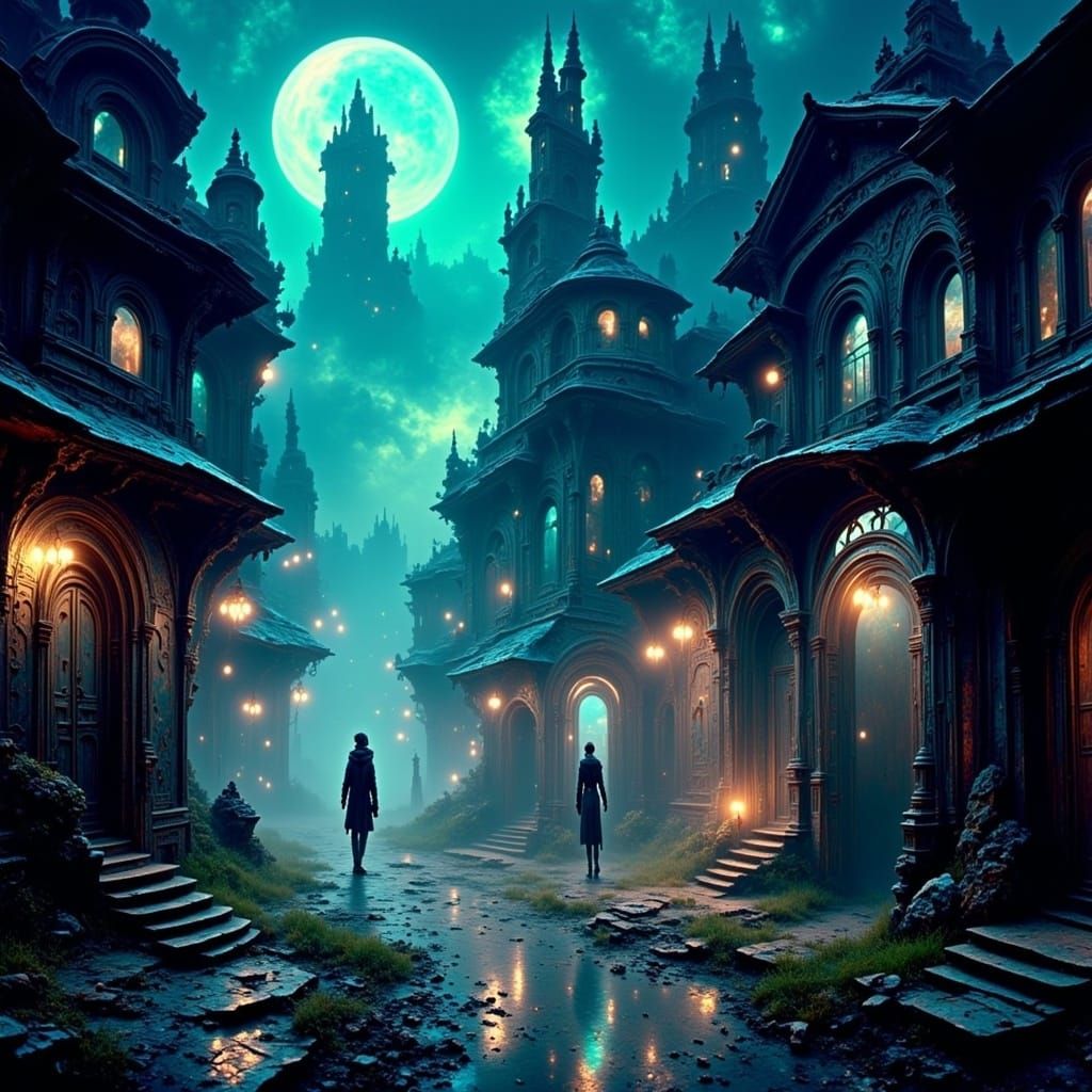 Ethereal Alien Floats Through Ghost Town in Neon Style