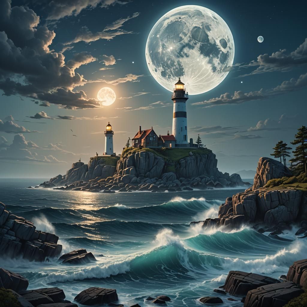 Twin Moons Over Sea Lighthouse: Fantasy Concept Art