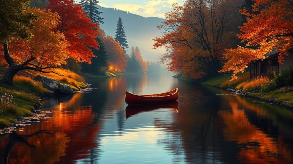 Golden Hour Canoe on Tranquil River with Autumn Foliage