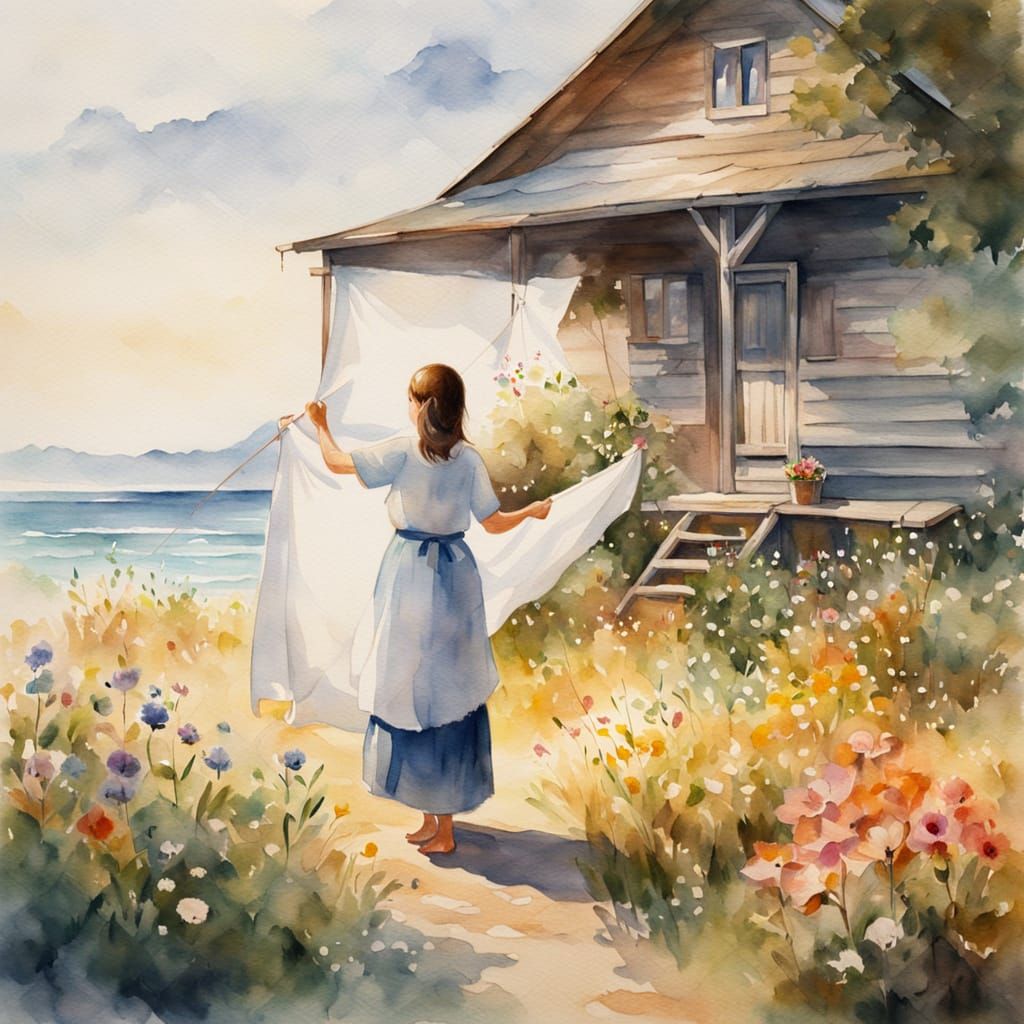 Seaside Cabin: Woman and Girl in Watercolor Painting