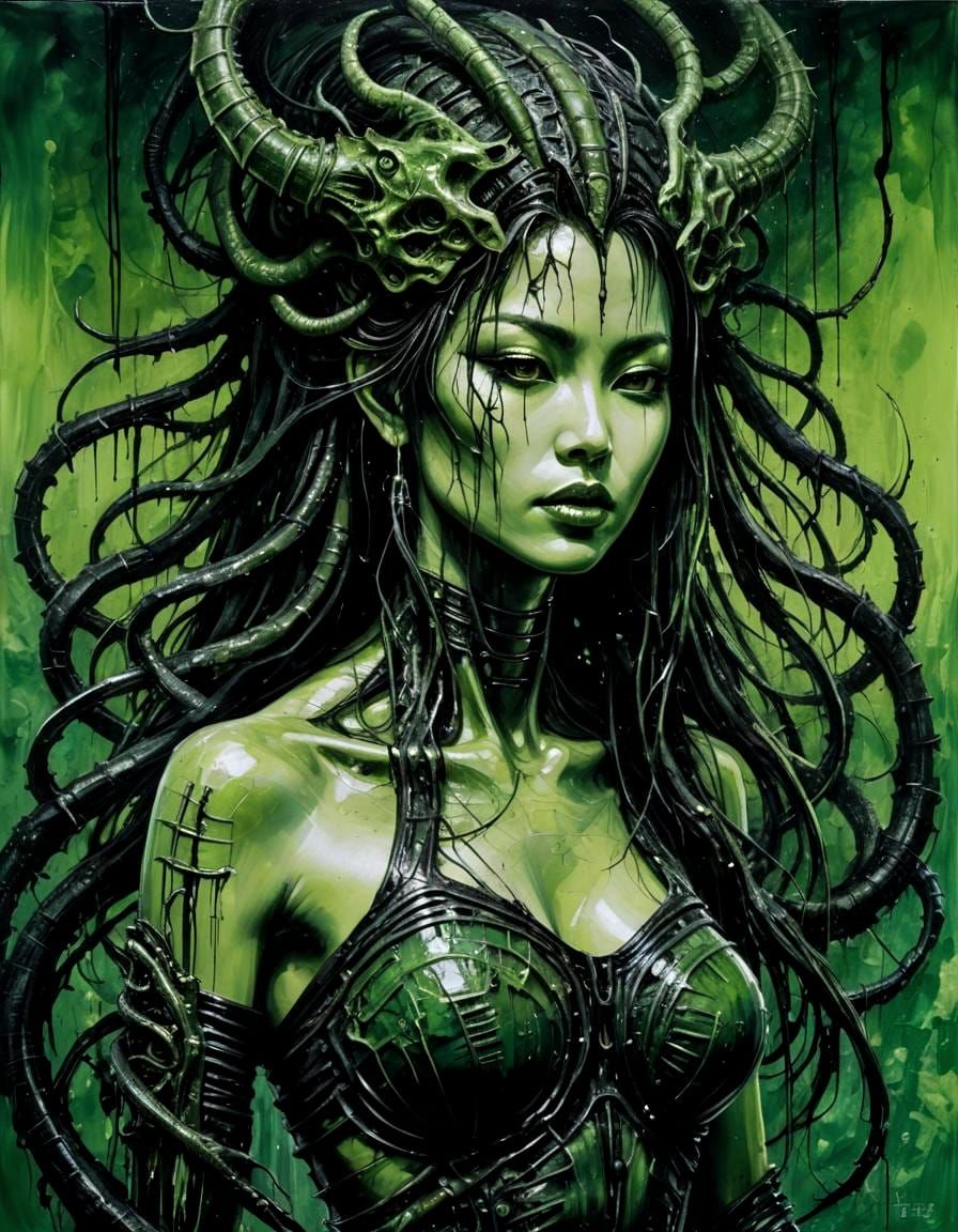 Japanese Woman in Green and Black Oil Painting