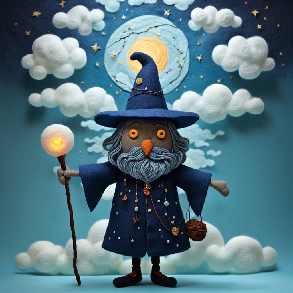 Felt Sorcerer in Naive Folk-Art Style