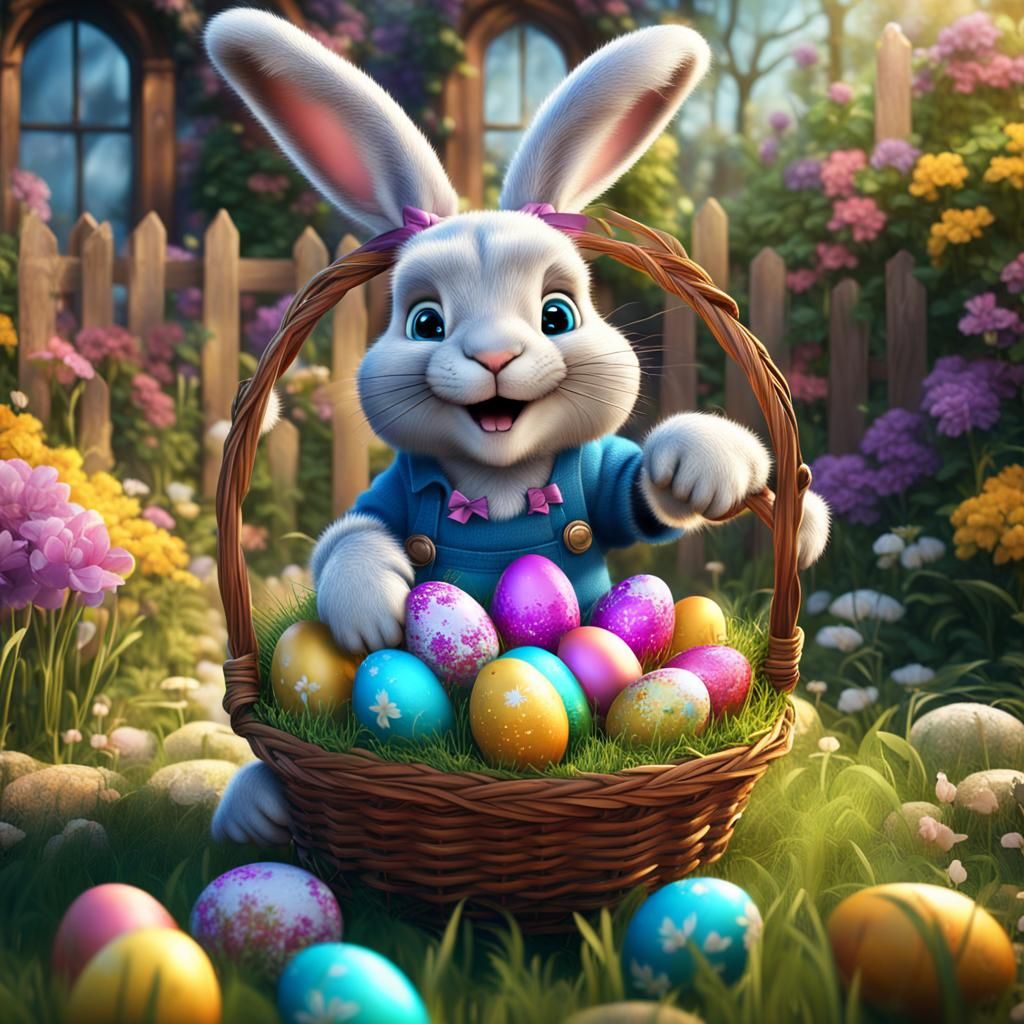 Cute Easter Bunny with Egg Basket in Garden