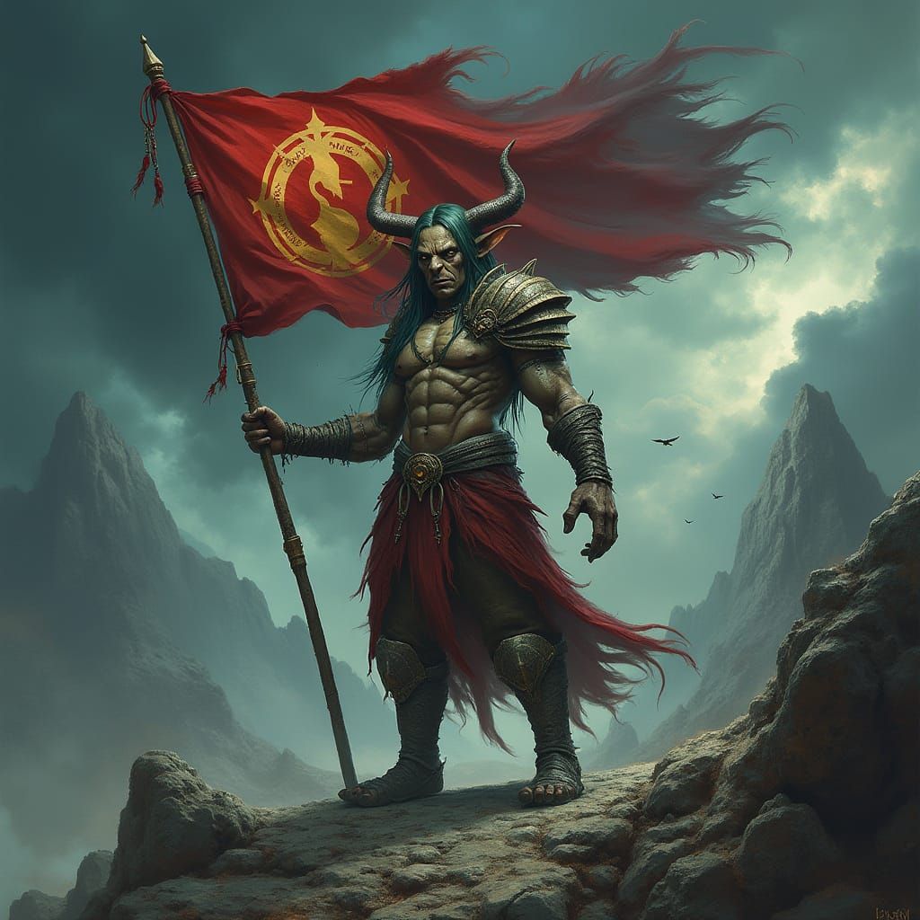 Female Orc with NANO Team Flag in Dark Fantasy Landscape