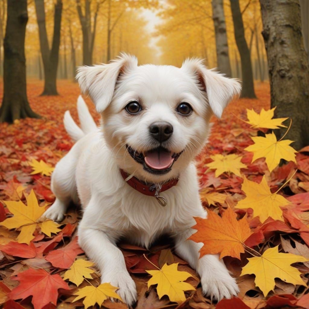 Bul'ka the Dog Joyfully Plays in Autumn Maple Leaves