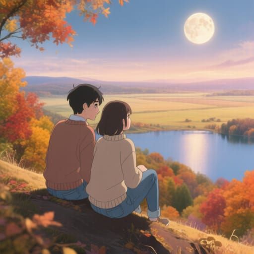 Romantic Autumn Moonlit Scene in Anime Style