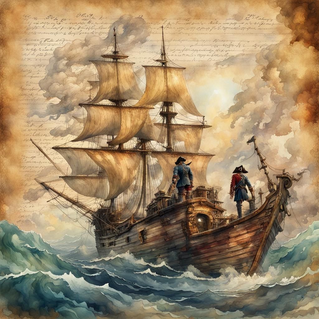 Pirate Ship Mermaid on Journal Page in Watercolor Style