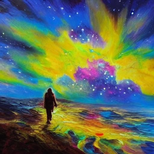 Cosmonaut in Starry Paradise with Fireworks