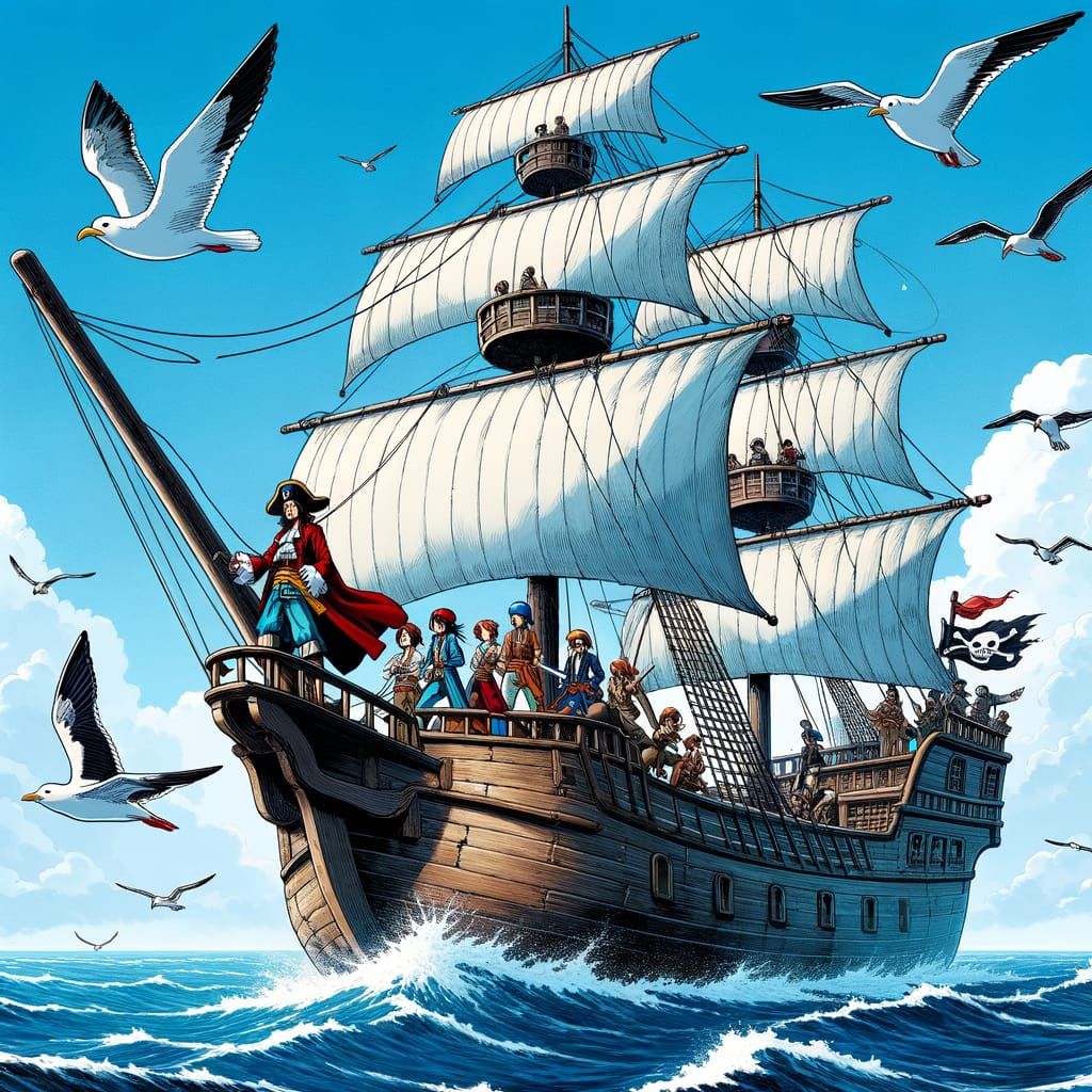 Pirate Ship Sailing the Azure Ocean