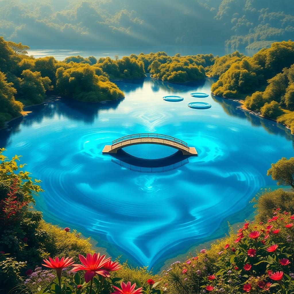 Heart-Shaped Lake with Bridge: Fantasy Concept Art