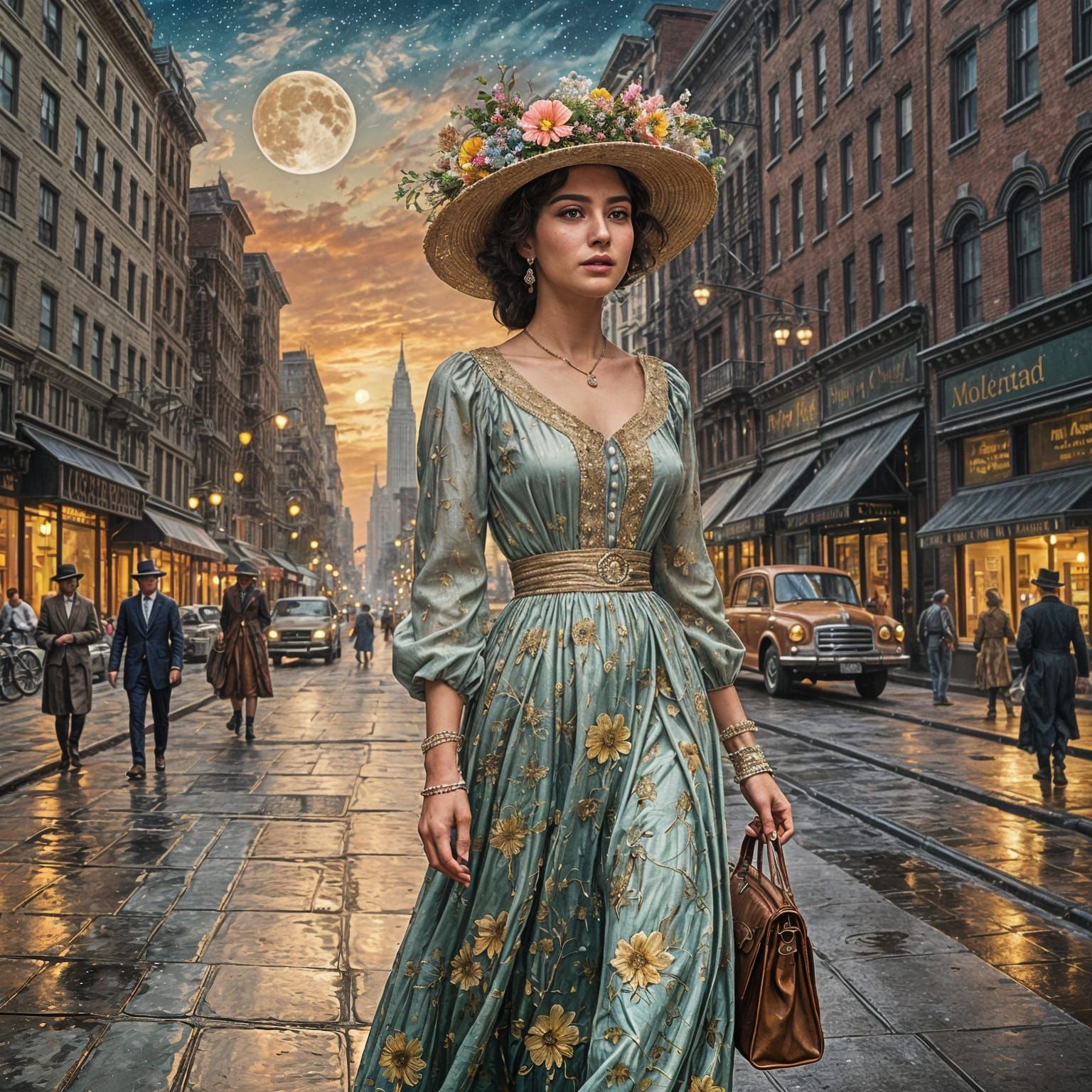 Woman in 1900s New York Street, Acrylic Painting