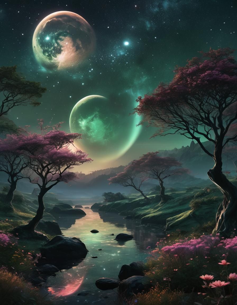 Mystical Fantasy Landscape with Iridescent Mist