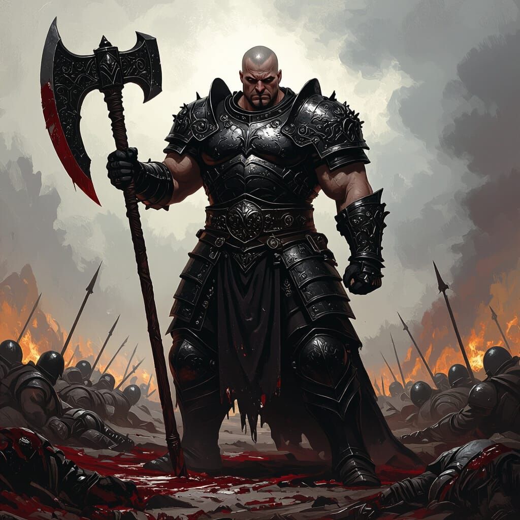 Muscular Warrior in Black Armor on Battlefield