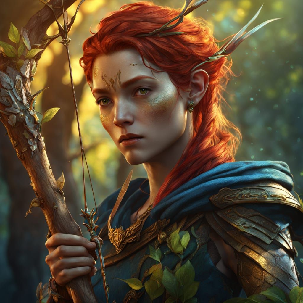 Fantasy Wood Elf with Staff and Bow in Detailed Art