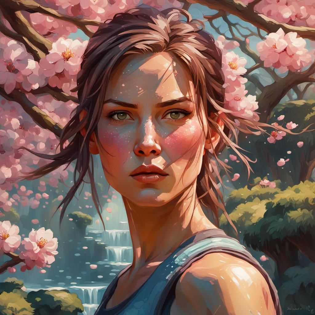 Lara Croft Portrait in Japanese Cherry Garden