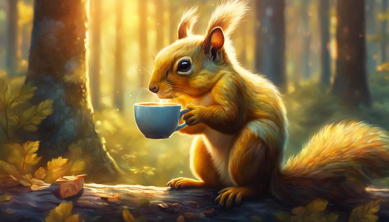 Squirrel Sipping Coffee: Vibrant Oil Painting