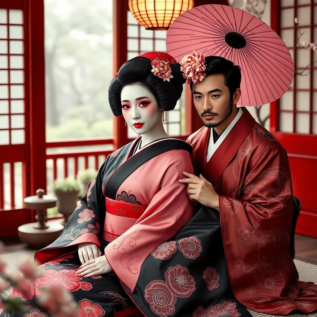 Geisha in Traditional Attire in Japanese Tea House