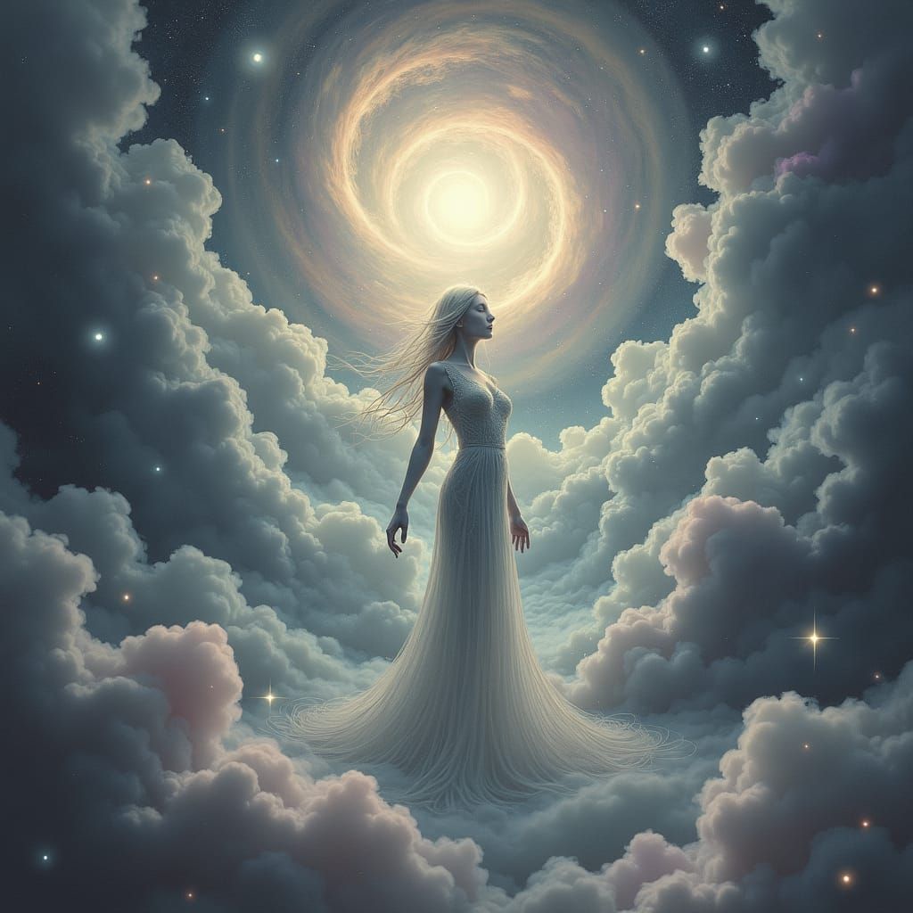 Dreamlike Humanoid in Charcoal Mist and Starlight